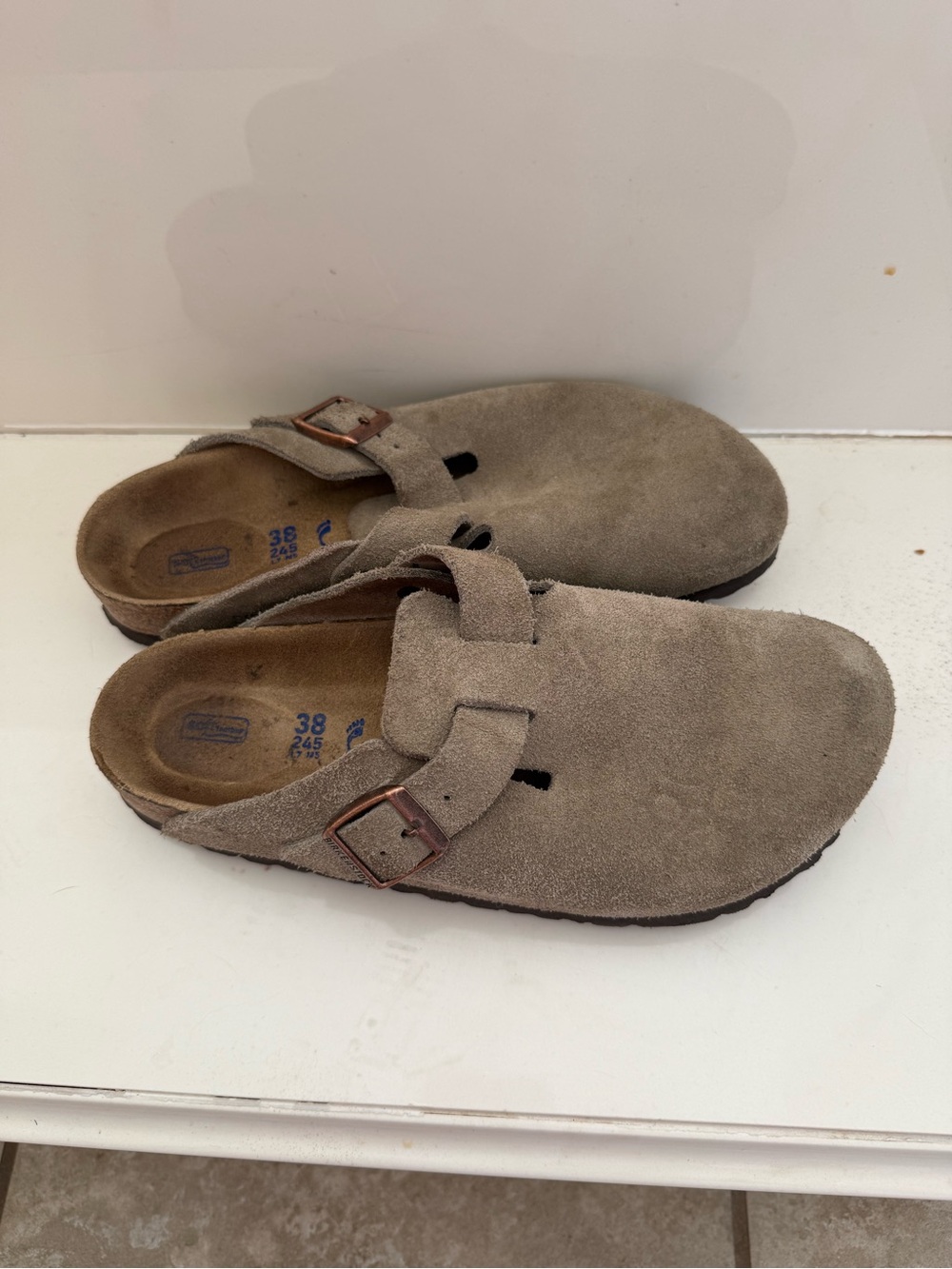 Birkenstock women’s Taupe Boston Suede Clog with Buckle